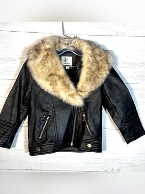 NEW River Island Girls Black Faux Leather Jacket Removable Faux Fur Collar
